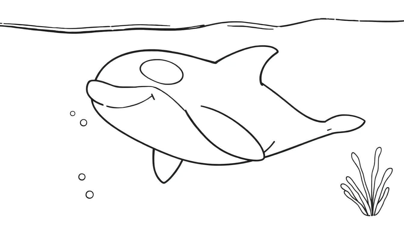 Una orca sonriente lista para colorear en una placa de color.