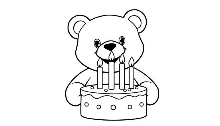 Un oso de peluche en blanco y negro soplando velas en un pastel, listo para colorear en la placa de color.