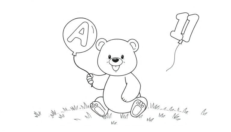 Página para colorear de un osito con globos, uno con la letra A y otro con el número 11. Placa de color.