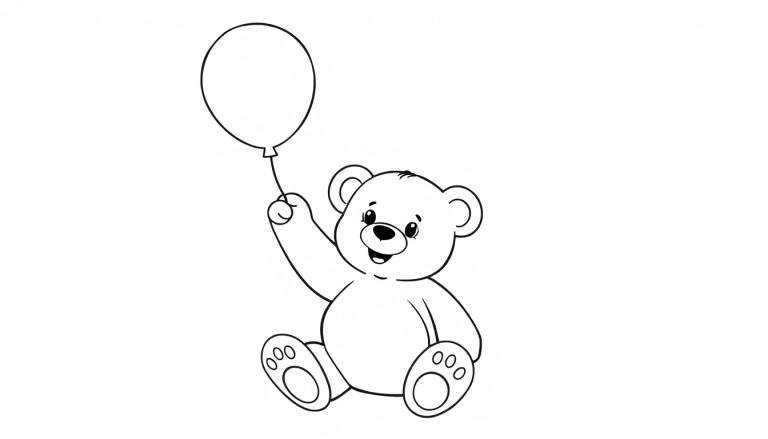 Un dibujo lineal de un osito de peluche sonriente sosteniendo un globo, listo para colorear en una placa de color.