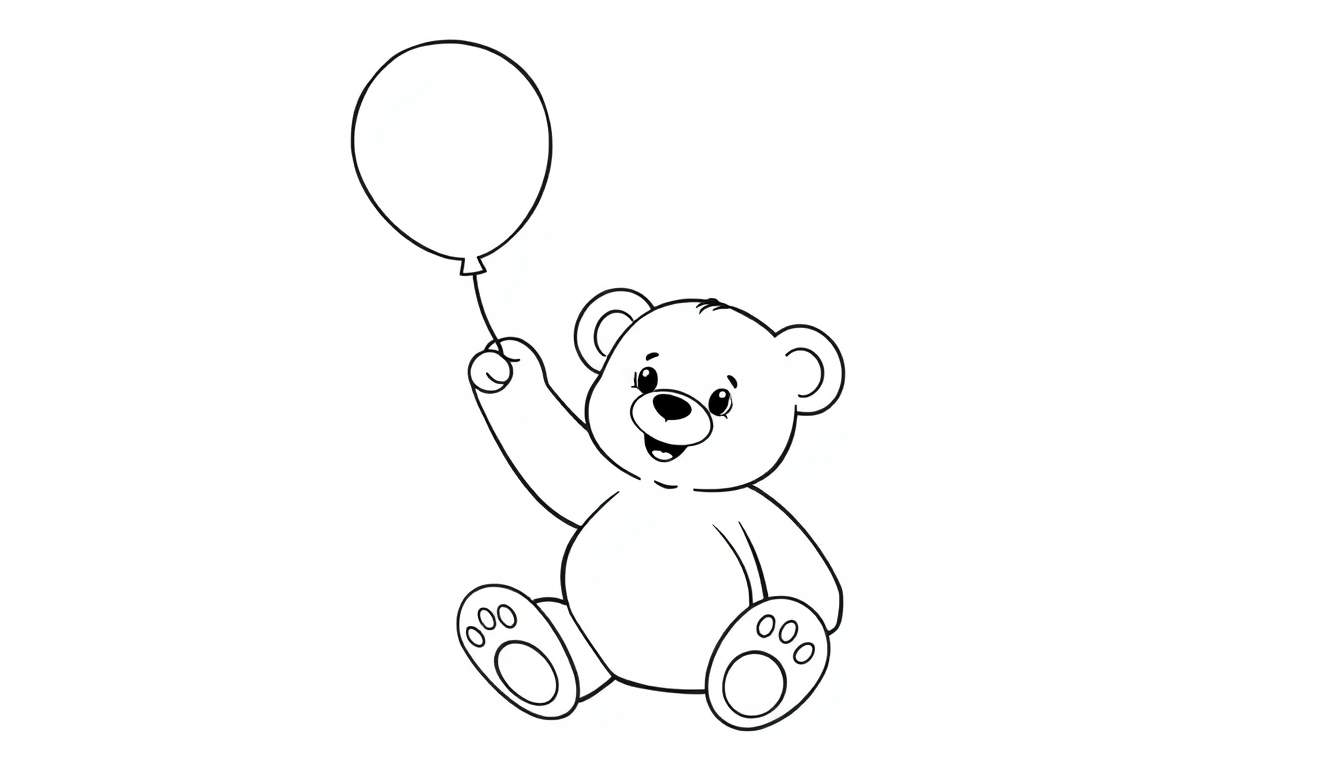 Un dibujo lineal de un osito de peluche sonriente sosteniendo un globo, listo para colorear en una placa de color.
