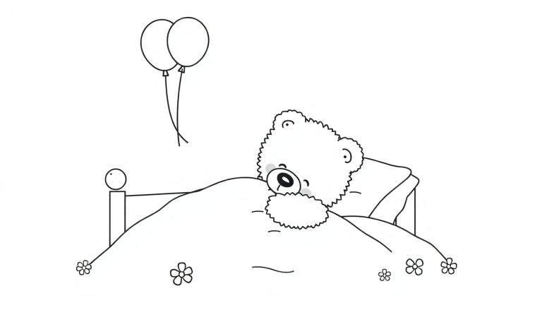 Un oso de peluche triste con globos y flores en una placa para colorear.