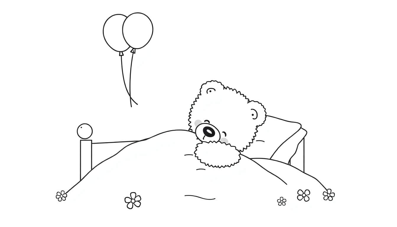 Un oso de peluche triste con globos y flores en una placa para colorear.
