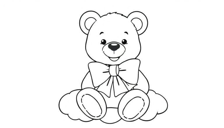 Un dibujo lineal en blanco y negro de un osito de peluche sentado, listo para colorear, con un gran lazo y una sonrisa amigable. Forma parte de una placa de color.