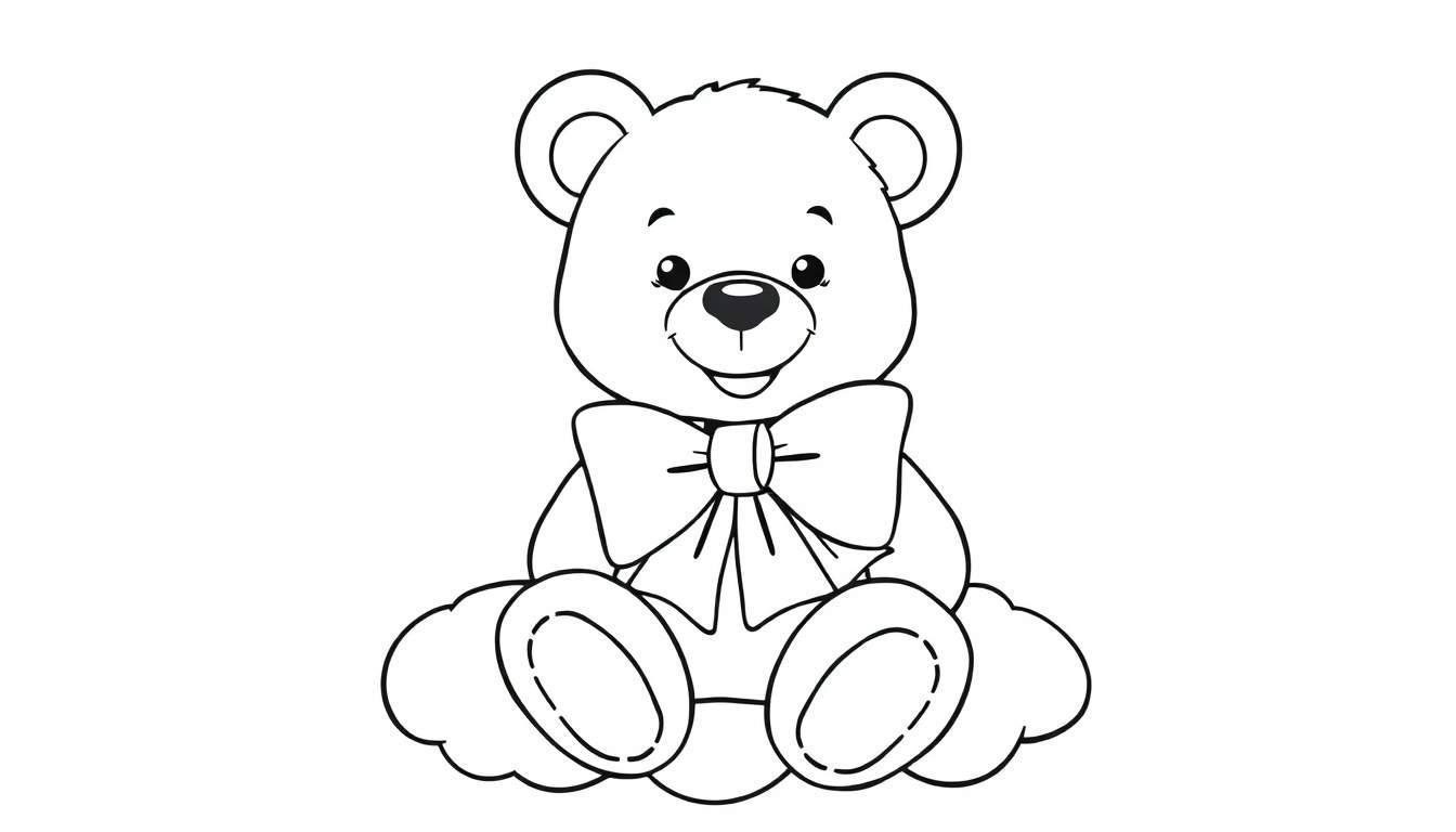 Un dibujo lineal en blanco y negro de un osito de peluche sentado, listo para colorear, con un gran lazo y una sonrisa amigable. Forma parte de una placa de color.