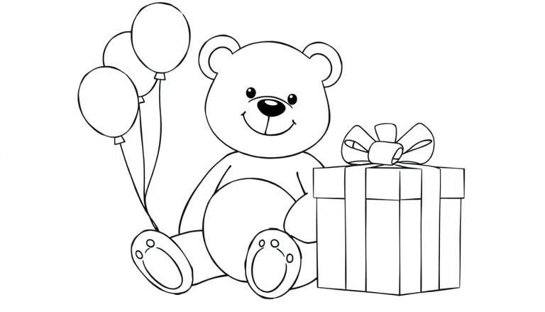 Página para colorear en blanco y negro de un osito de peluche feliz con globos y un regalo.