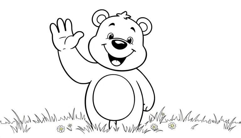 Un oso de dibujos animados saludando, una placa de color para colorear.
