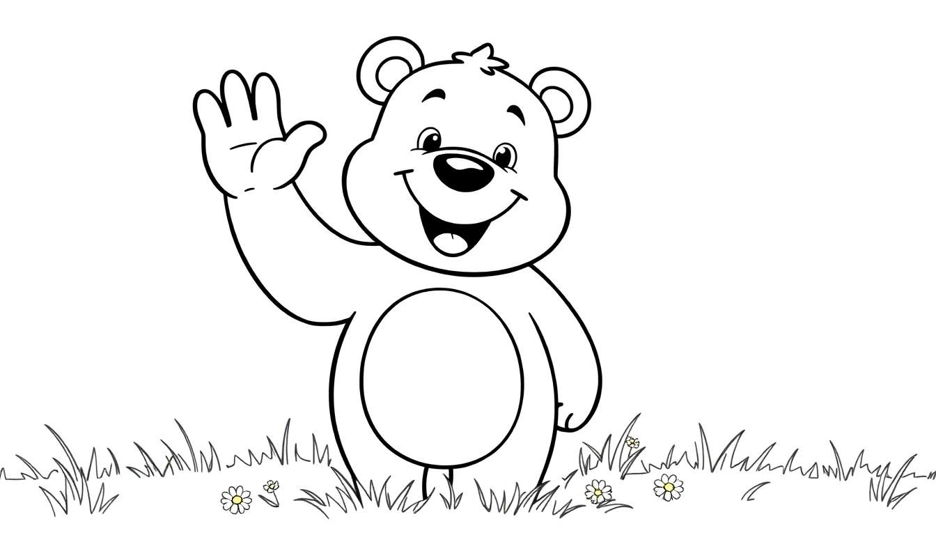 Un oso de dibujos animados saludando, una placa de color para colorear.