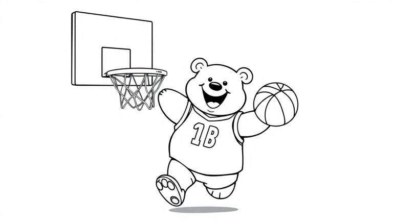 Un oso de dibujos animados blanco y negro con la camiseta '1B' jugando al baloncesto, listo para ser coloreado en una placa de color.