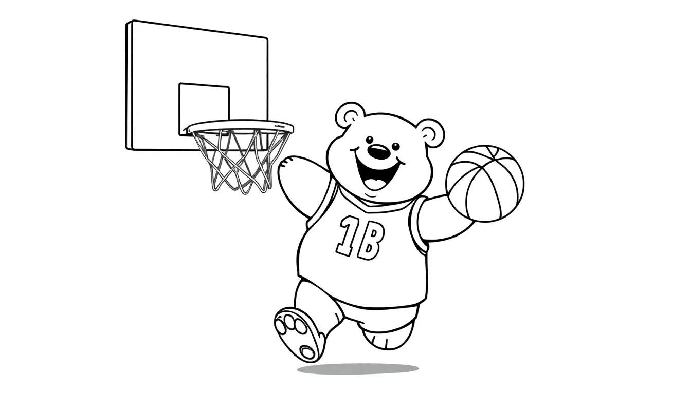 Un oso de dibujos animados blanco y negro con la camiseta '1B' jugando al baloncesto, listo para ser coloreado en una placa de color.