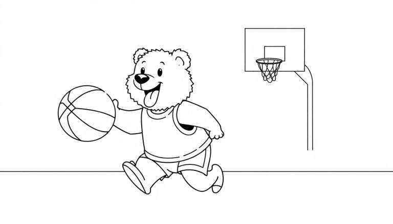 Un oso feliz jugando al baloncesto, listo para colorear, en esta placa.