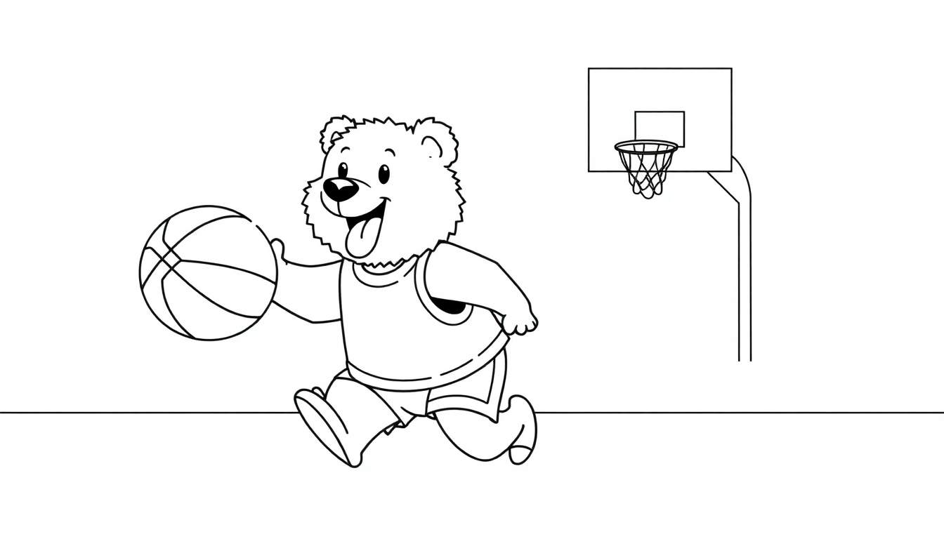 Un oso feliz jugando al baloncesto, listo para colorear, en esta placa.