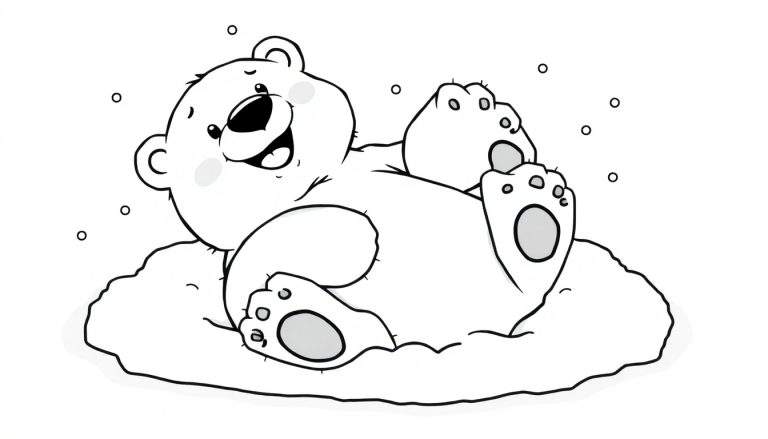 Oso polar de dibujos animados tumbado en la nieve, listo para colorear en una placa de color.