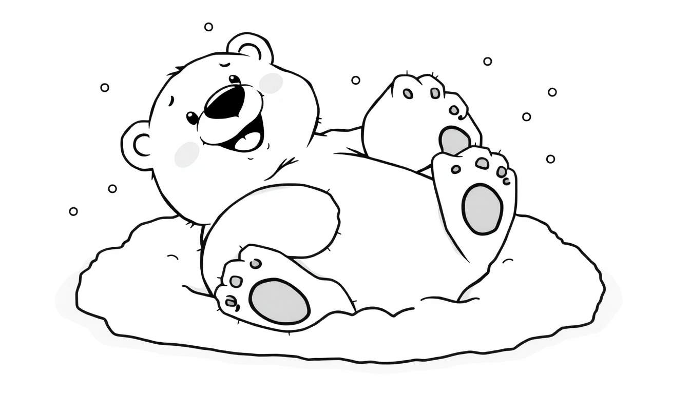 Oso polar de dibujos animados tumbado en la nieve, listo para colorear en una placa de color.