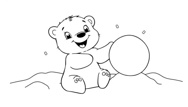 Placa de color de un oso polar sonriente sosteniendo una bola de nieve en la nieve.