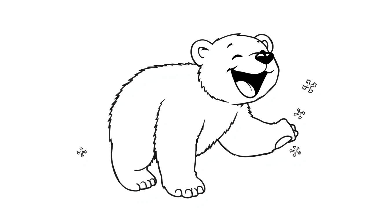 Oso polar caricaturesco feliz jugando en la nieve, listo para colorear en una placa de color.