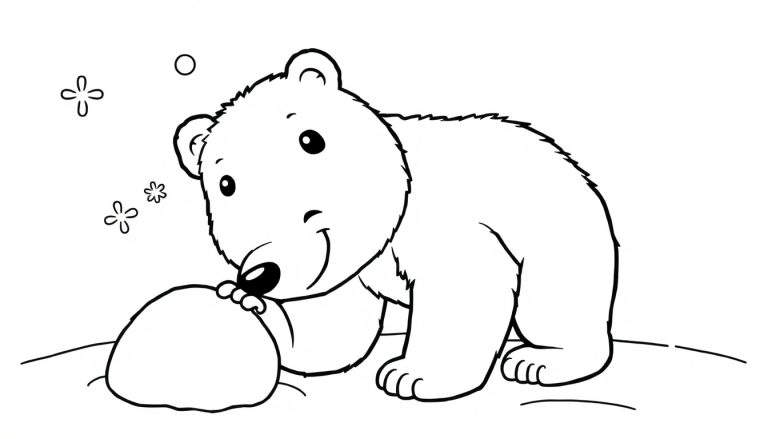 Oso polar de dibujos animados para colorear apoyado en una bola de nieve, con copos de nieve estilizados.