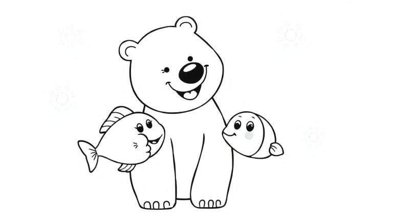 Oso polar amigable jugando con peces, página para colorear en blanco y negro. Placa de color para niños.