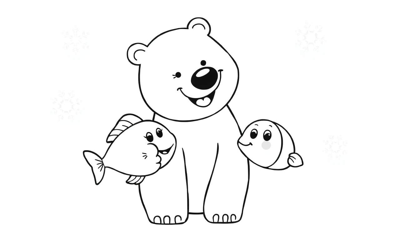 Oso polar amigable jugando con peces, página para colorear en blanco y negro. Placa de color para niños.