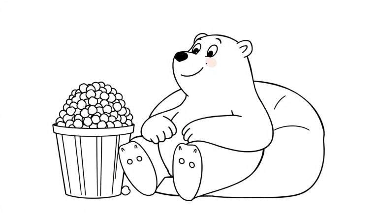Página para colorear en blanco y negro de un oso polar con un cubo lleno de bayas, una placa de color para que los niños la disfruten.