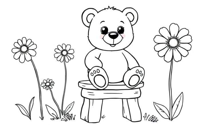 Oso de peluche tierno y amigable listo para colorear en una placa de color, con flores.