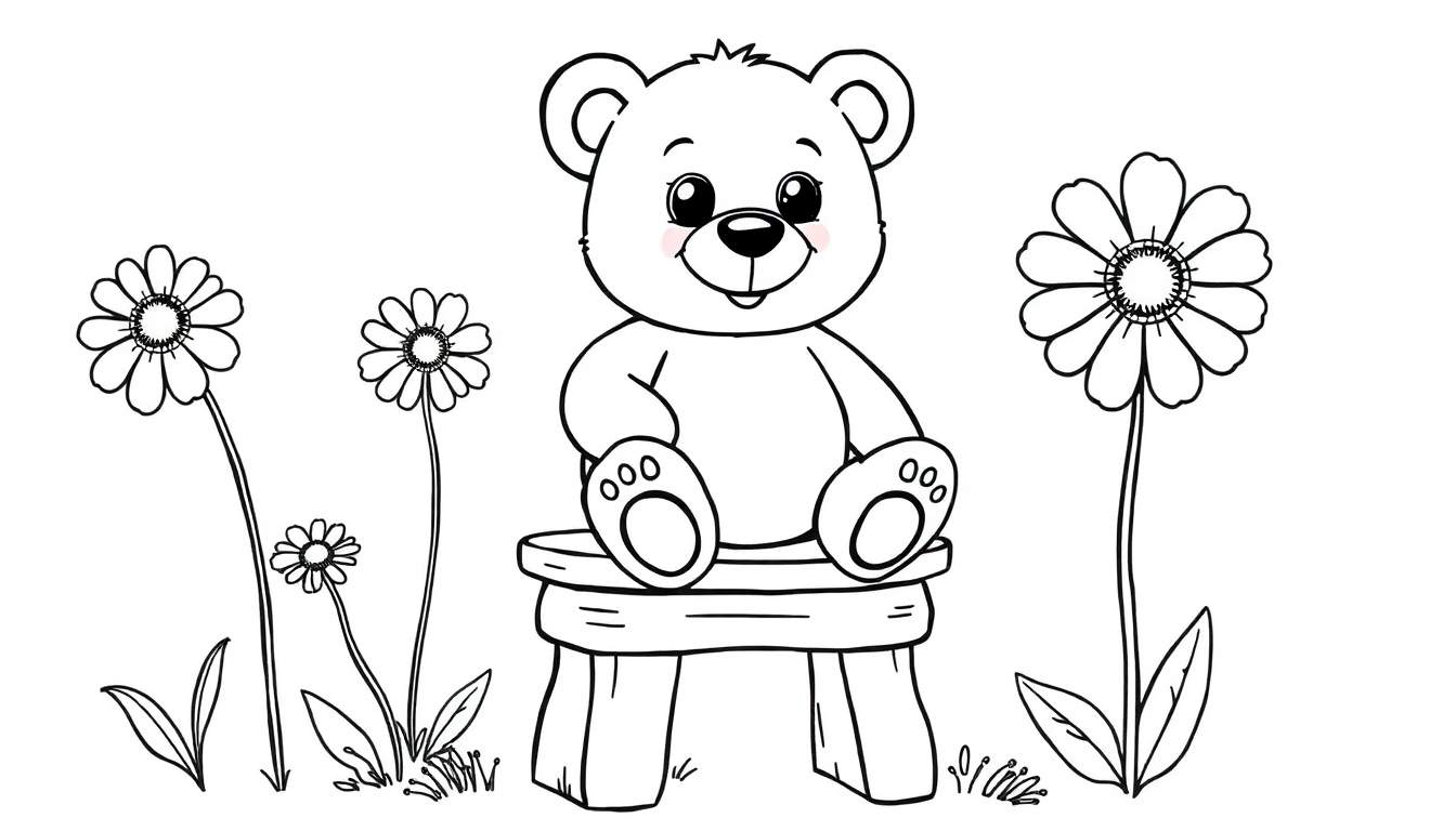 Oso de peluche tierno y amigable listo para colorear en una placa de color, con flores.