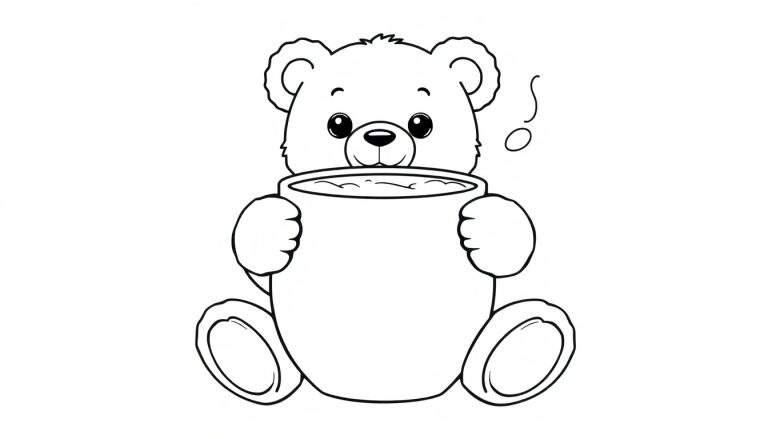 Página para colorear de un oso de peluche con una taza, arte lineal en placa de color.