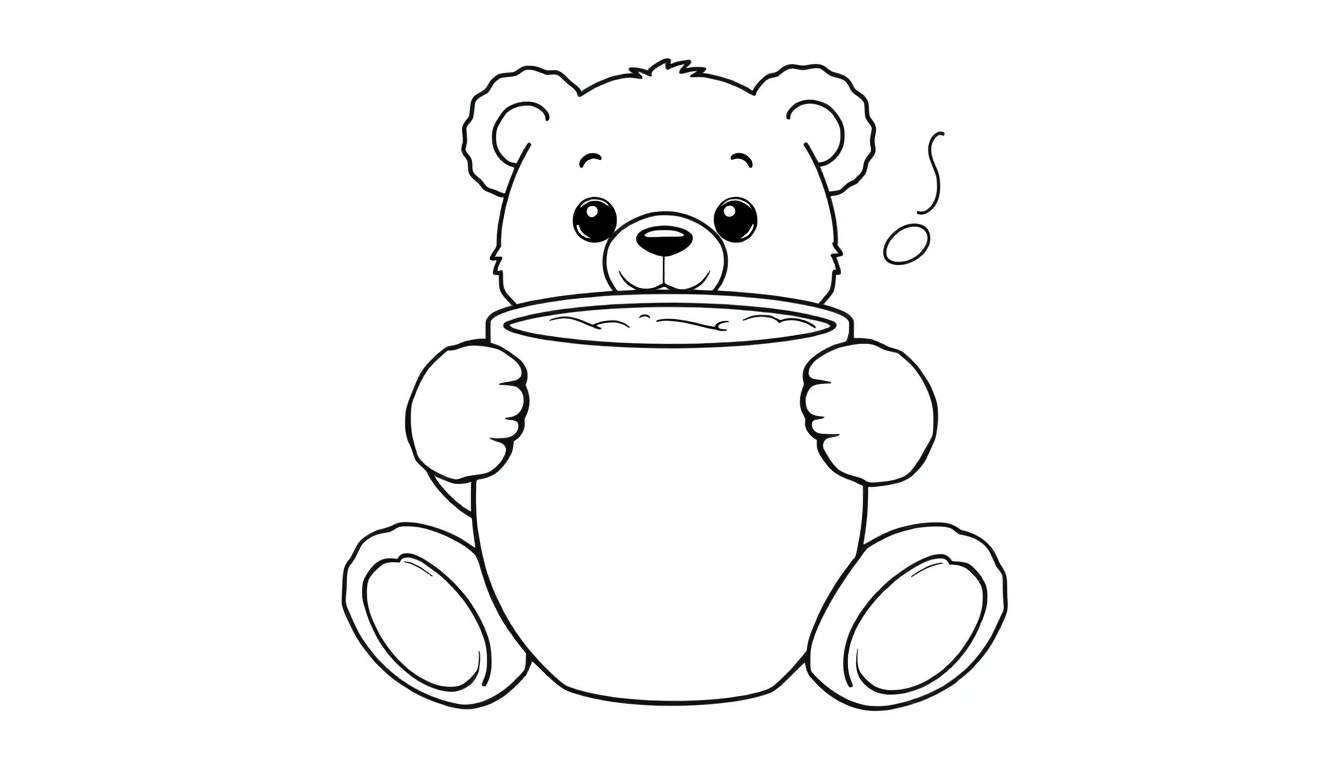 Página para colorear de un oso de peluche con una taza, arte lineal en placa de color.
