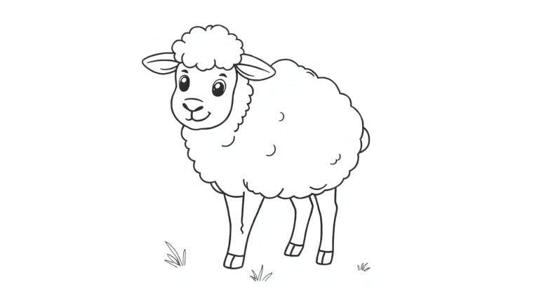 Una oveja dibujada a mano en blanco y negro sobre una placa de color, lista para ser coloreada.