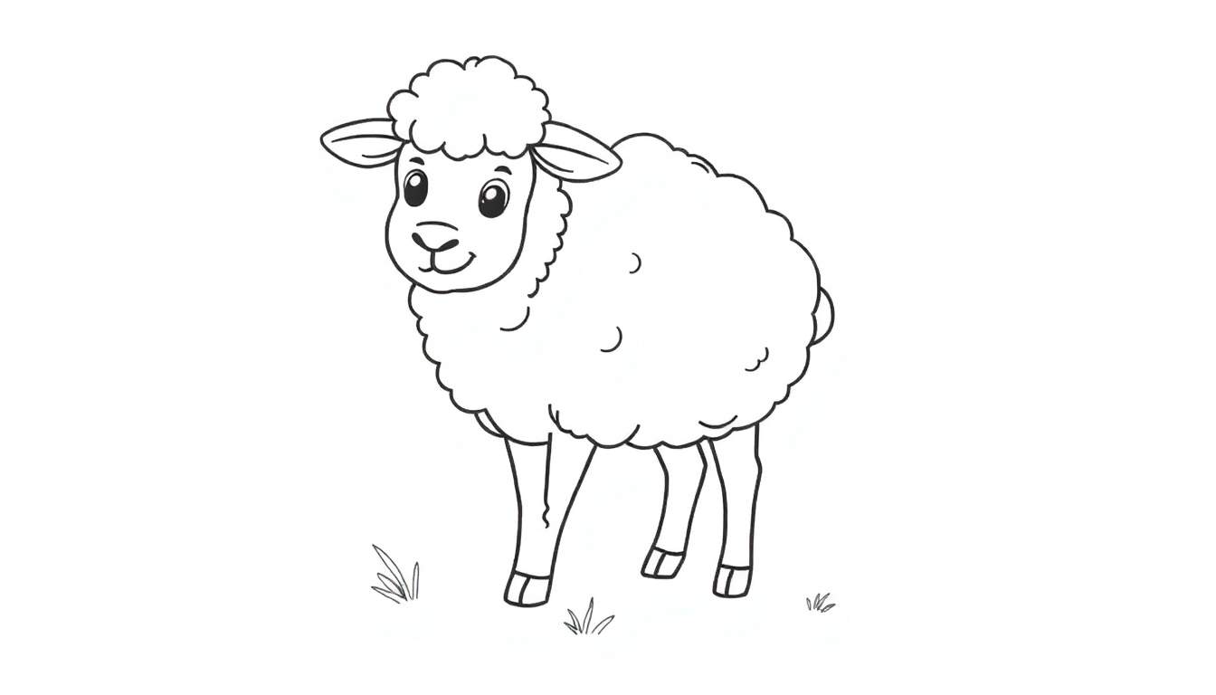 Una oveja dibujada a mano en blanco y negro sobre una placa de color, lista para ser coloreada.