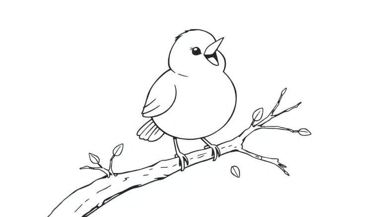 Un dibujo a blanco y negro de un pajarito con la boca abierta sobre una rama con hojas, listo para colorear. Placa de color.