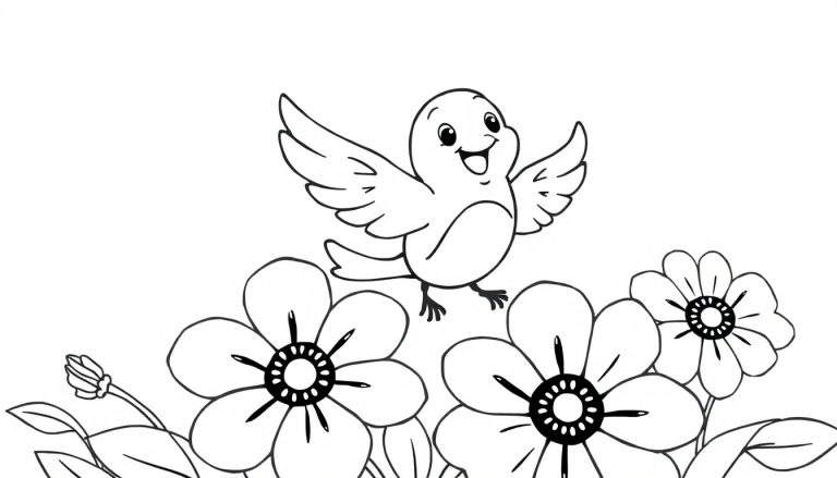 Un pajarito feliz volando sobre una placa de color con flores y hojas.