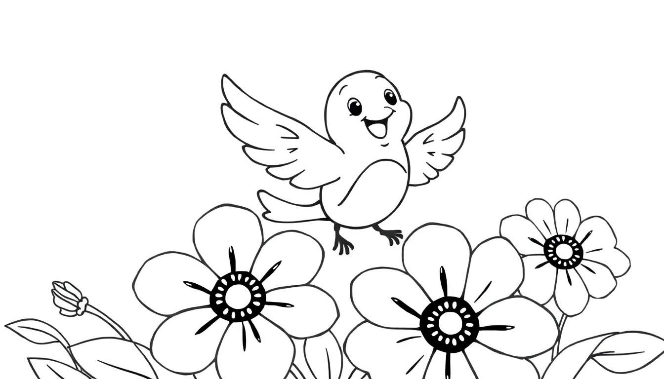 Un pajarito feliz volando sobre una placa de color con flores y hojas.