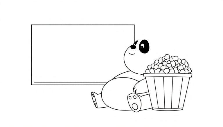 Oso panda sentado junto a un balde de palomitas, placa de color.