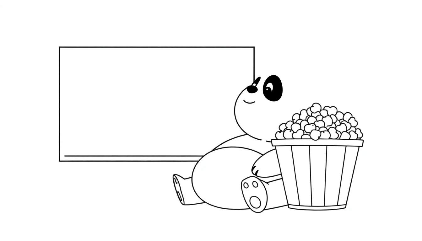 Oso panda sentado junto a un balde de palomitas, placa de color.