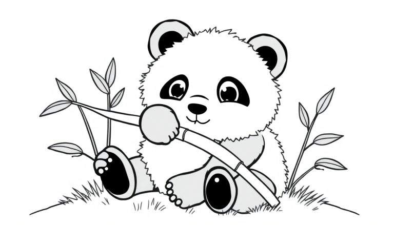 Un oso panda blanco y negro sentado con un trozo de bambú, listo para ser coloreado, en una placa de color.