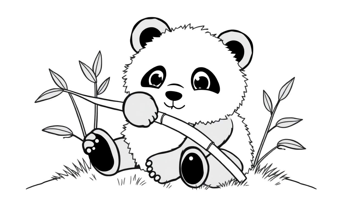 Un oso panda blanco y negro sentado con un trozo de bambú, listo para ser coloreado, en una placa de color.