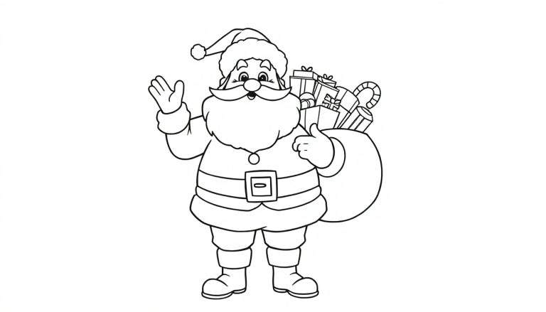 Papá Noel en blanco y negro saludando con un saco de regalos, listo para la placa de color.