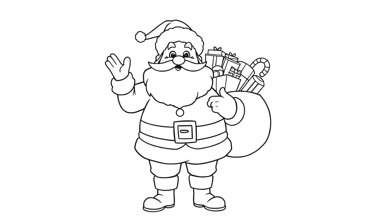 Papá Noel en blanco y negro saludando con un saco de regalos, listo para la placa de color.