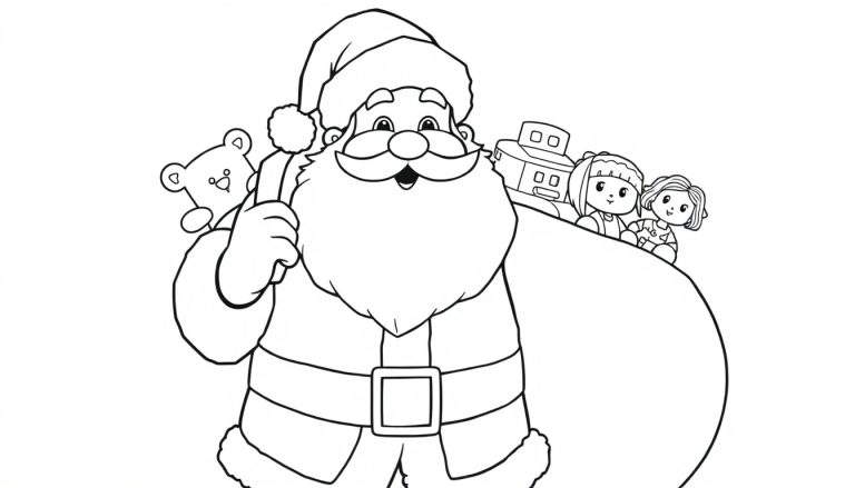 Papá Noel sonriendo, listo para repartir regalos. Dibujo en blanco y negro para colorear, con un gran saco lleno de juguetes. Placa de color.