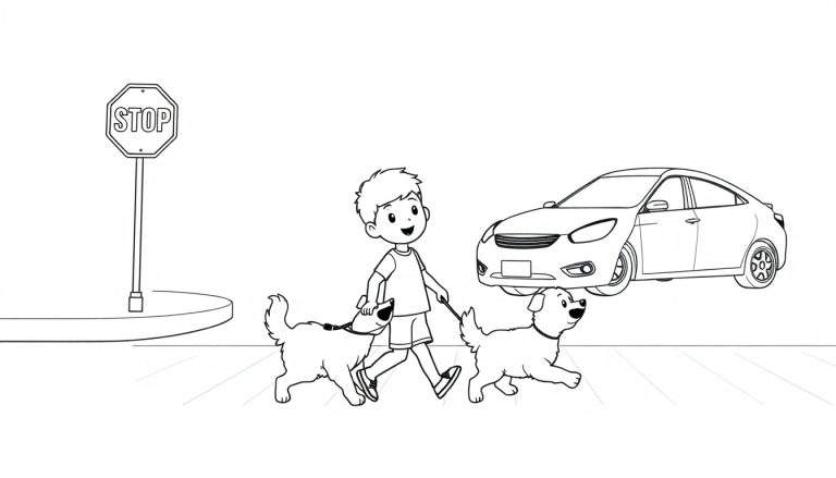 Niño paseando a dos perros en la calle, cerca de un coche y una placa de color de señal de stop.