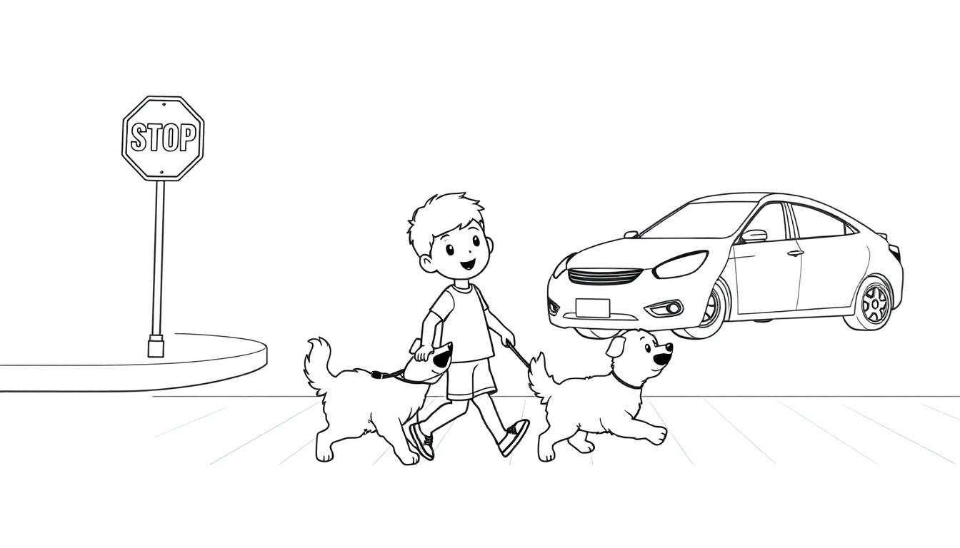 Niño paseando a dos perros en la calle, cerca de un coche y una placa de color de señal de stop.