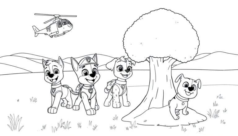 Dibujo para colorear de la Patrulla Canina: Chase, Skye, Rubble y Marshall esperando aventuras bajo un helicóptero, con un gran árbol y colinas al fondo, todo listo para una placa de color.