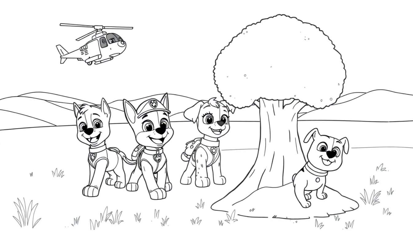 Dibujo para colorear de la Patrulla Canina: Chase, Skye, Rubble y Marshall esperando aventuras bajo un helicóptero, con un gran árbol y colinas al fondo, todo listo para una placa de color.