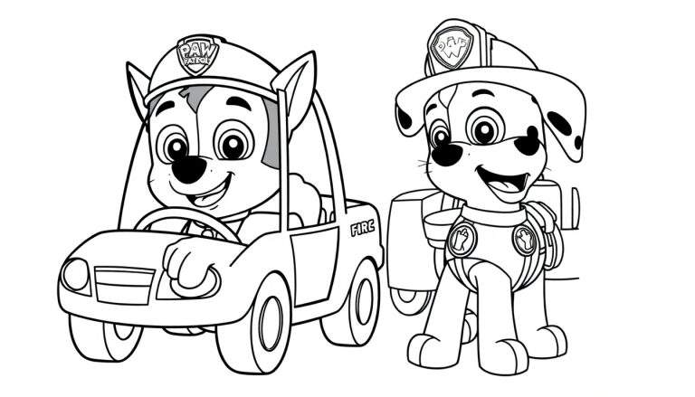 Chase y Marshall de la Patrulla Canina listos para colorear con su placa de color.