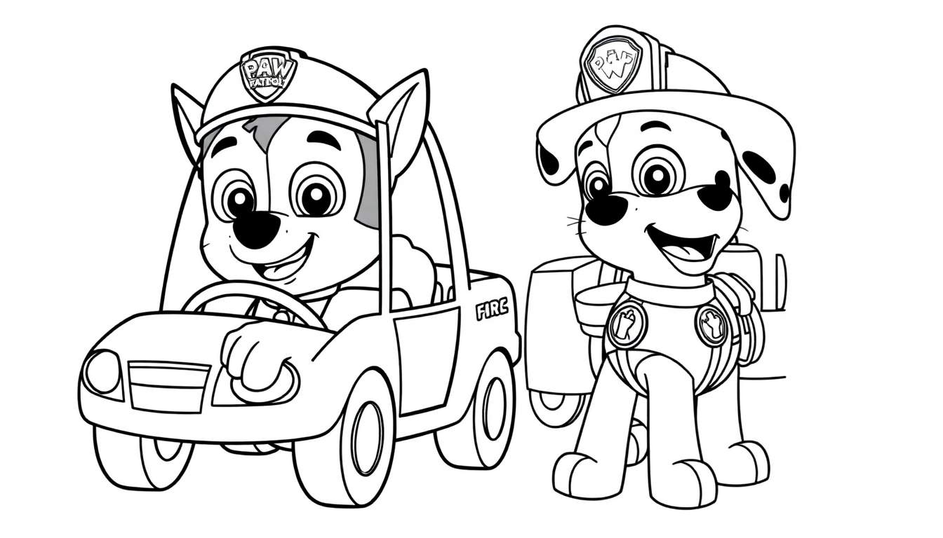 Chase y Marshall de la Patrulla Canina listos para colorear con su placa de color.