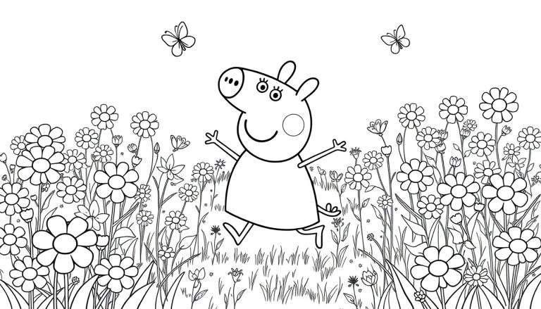 Peppa Pig saltando feliz entre flores, una página para colorear, placa de color.