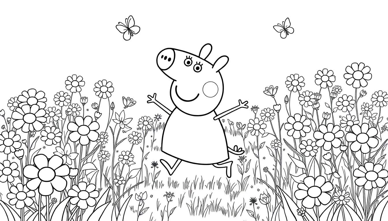 Peppa Pig saltando feliz entre flores, una página para colorear, placa de color.