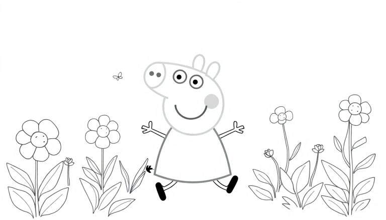 Peppa Pig sonriente en un campo de flores, diseño para colorear en blanco y negro, listo para usar con la placa de color.