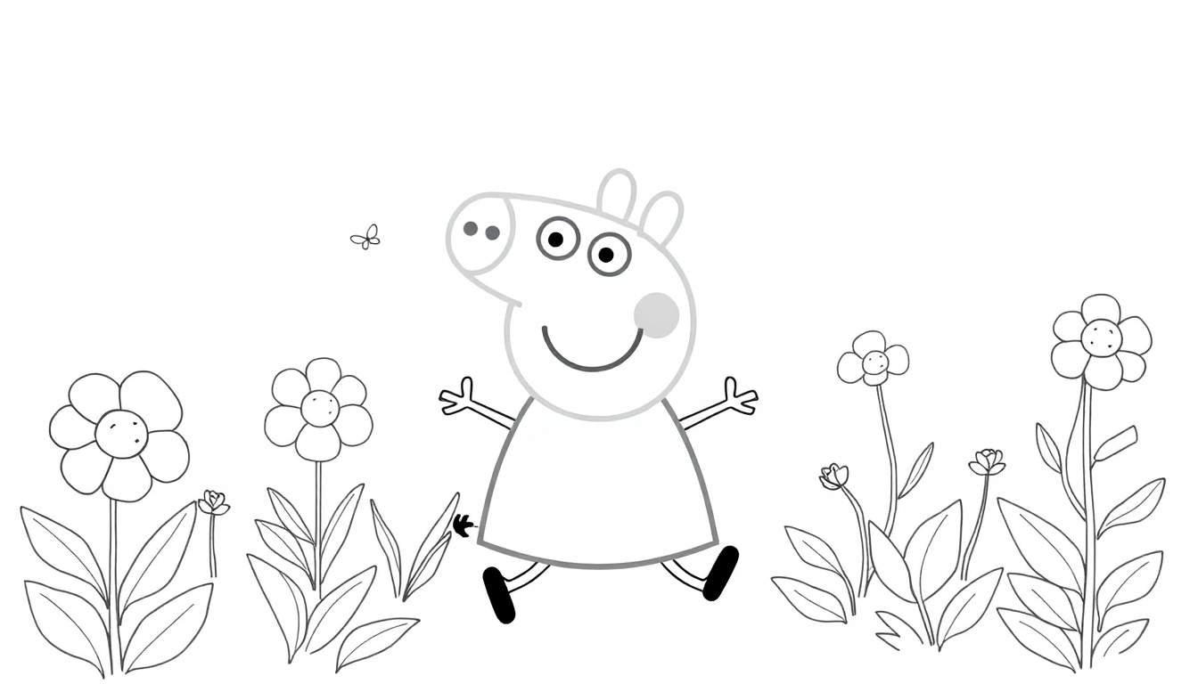 Peppa Pig sonriente en un campo de flores, diseño para colorear en blanco y negro, listo para usar con la placa de color.